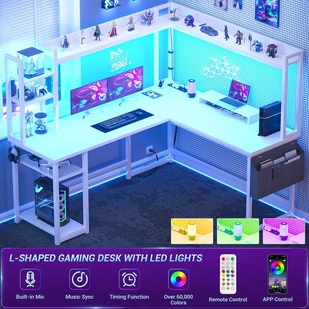 Aheaplus L Shaped Desk with Power Outlet, L Shaped Gaming Desk with Led Light & Hutch, Reversible Home Office Desk, Corner Computer Desk Writing Desk with Monitor Stand & Storage Shelves, White