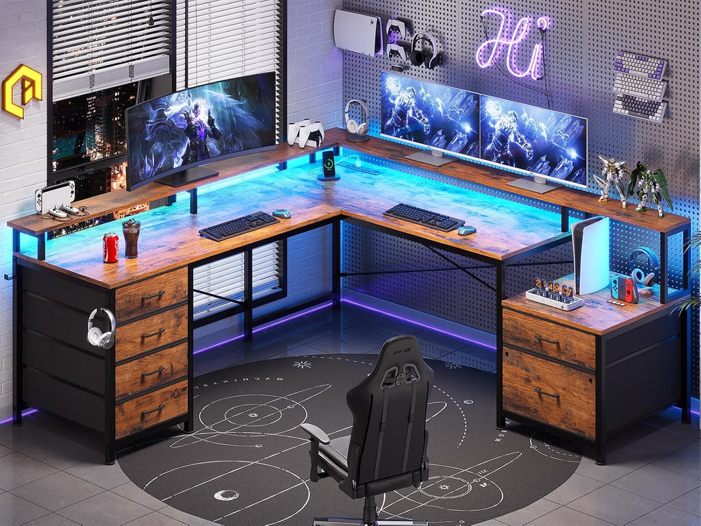SEDETA L Shaped Desk with 6 Drawer, 108' Home Office Desk with File Drawer & Power Outlet, Corner Computer Desk with Monitor Shelf, Two Person Desk, Gaming Desk with Led Lights, Rustic Brown