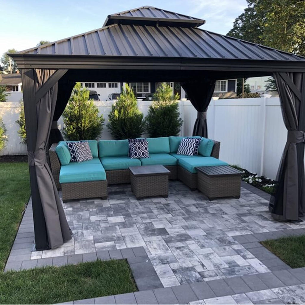 PURPLE LEAF 10' X 12' Permanent Hardtop Gazebo Aluminum Gazebo with Galvanized Steel Double Roof for Patio Lawn and Garden, Curtains and Netting Included, Grey