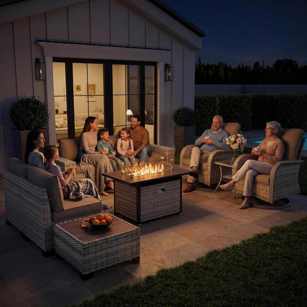 13-Piece Outdoor Patio Furniture Set with Rocking Swivel Chair, PE Wicker Rattan Sectional Sofa Patio Conversation Set with 55,000 BTU Fire Pit Table & Coffee Table, Sand