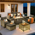 ovios 7 Pieces Patio Furniture Set with 42' Fire Pit Table, Outdoor Sofa Couch with Solar Lights Table Comfy Cushions, Modern Deep Seat Wicker Rattan Conversation Set, Black