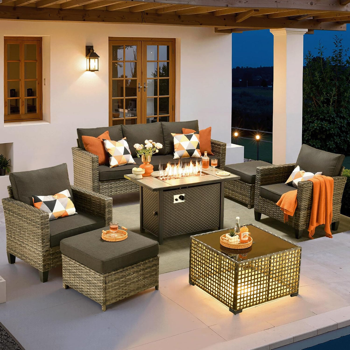 ovios 7 Pieces Patio Furniture Set with 42' Fire Pit Table, Outdoor Sofa Couch with Solar Lights Table Comfy Cushions, Modern Deep Seat Wicker Rattan Conversation Set, Black