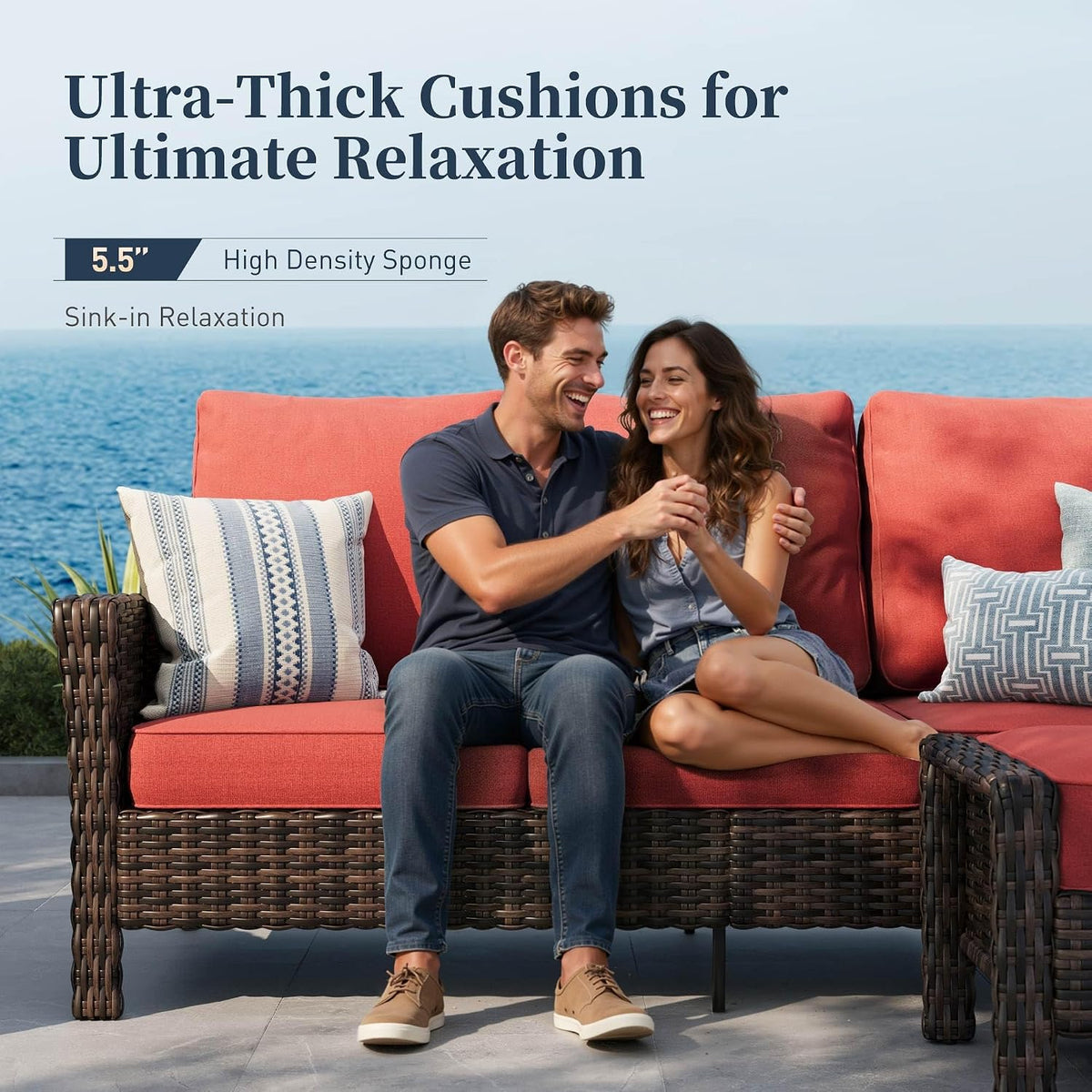 SUNSHINE VALLEY Patio Furniture Set with Swivel Chairs, High Back Wicker Rattan Furniture with 5.5' Thick Cushions and Coffee Table, Outdoor Conversation Set for Backyard Deck, 5 Seats, Red
