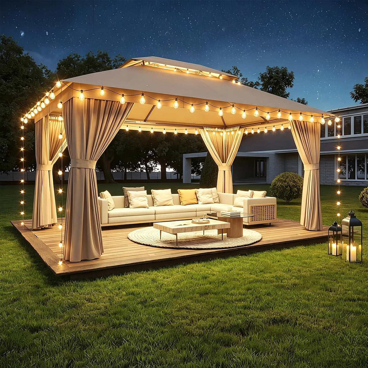 Aoxun 10x12 Outdoor Gazebo with 50FT LED Hanging Lights Metal Frame Canopy with Double Roofs Heavy Duty Party Tent Shelter with Mosquito Netting and Privacy Screen for Backyard, Lawn, Garden(Khaki)