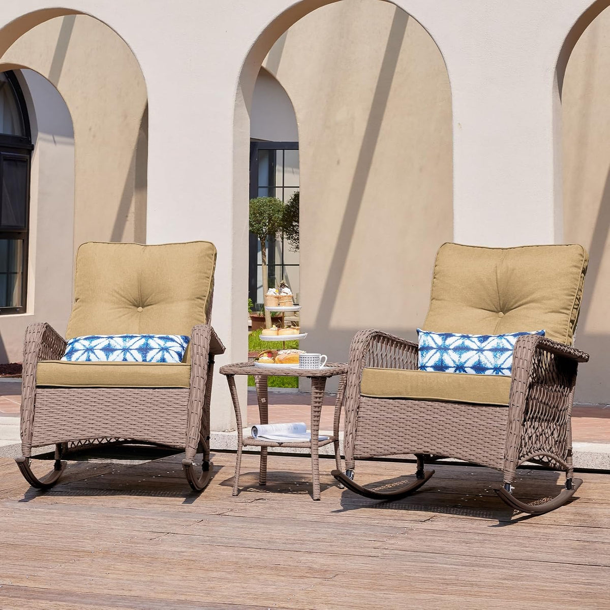 UDPATIO Rocking Chair Outdoor Set 2 with Coffee Table, 3 Piece Wicker Rocking Bistro Set with 4' Water-Resistant Cushions, Oversized, 350lbs Heavy-Duty, for Porch, Patio, Balcony, Brown/Khaki