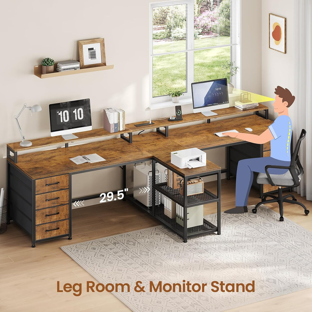 SEDETA 94.5' 2 Person Gaming Desk, Long Office Computer Desk with 8 Drawers & LED Lights, Two Person Desk with Storage, Power Strip & Monitor Stand for Home Office, Rustic Brown