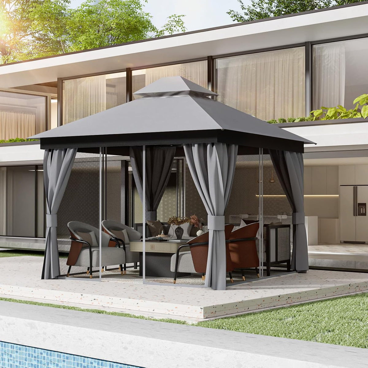 10'x10' Outdoor Patio Gazebo - Heavy Duty Party Tent & Shelter with Double Roofs, Outdoor Steel Frame Gazebo with Mosquito Net and Privacy Curtains for Backyard Garden Deck Lawns (Gray, 10x10)