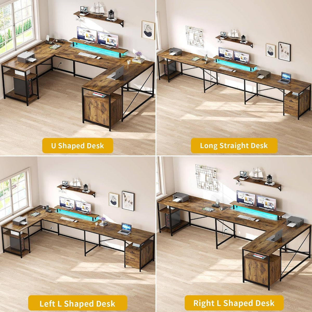 DWVO U Shaped Desk with Drawers, 79' Reversible L Shaped Desk with Power Outlets & LED Lights, Corner Computer Desk with Monitor Stand & Storage Shelves, Rustic Brown