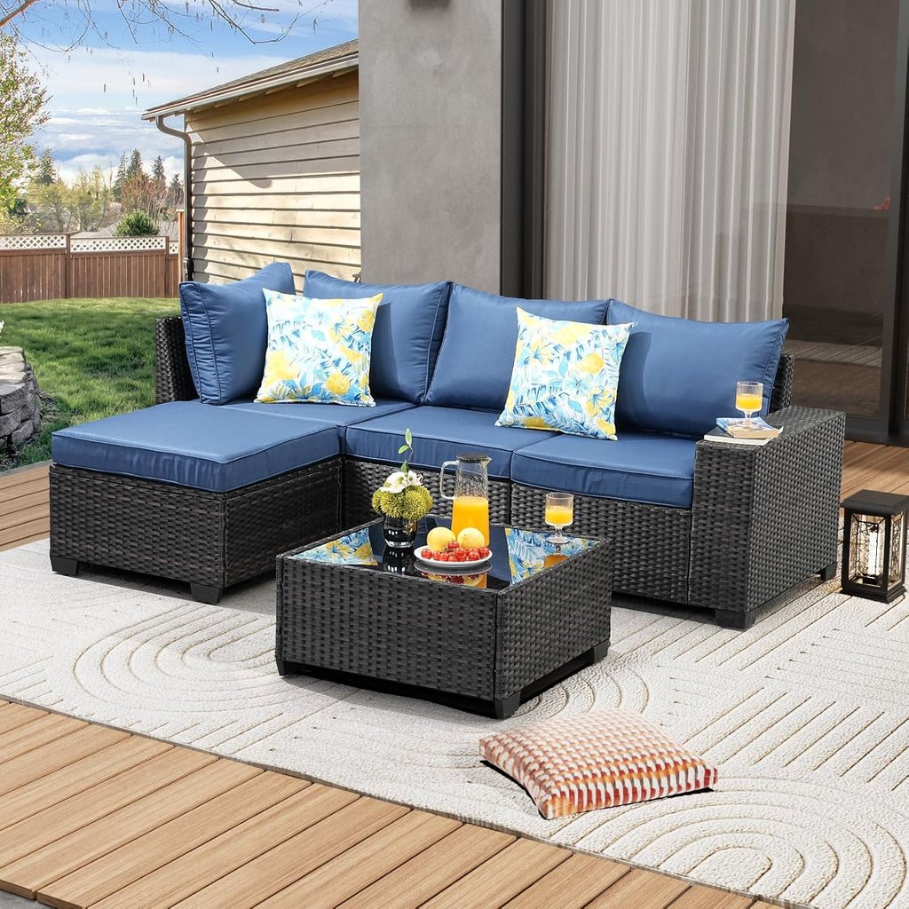 JOYURE 5 Pieces Patio Furniture Set All-Weather Outdoor Wicker Sectional Conversation Sofa Rattan Patio Seating Sofa with Cushion and Glass Table and Ottoman for Porch Poolside,Navy
