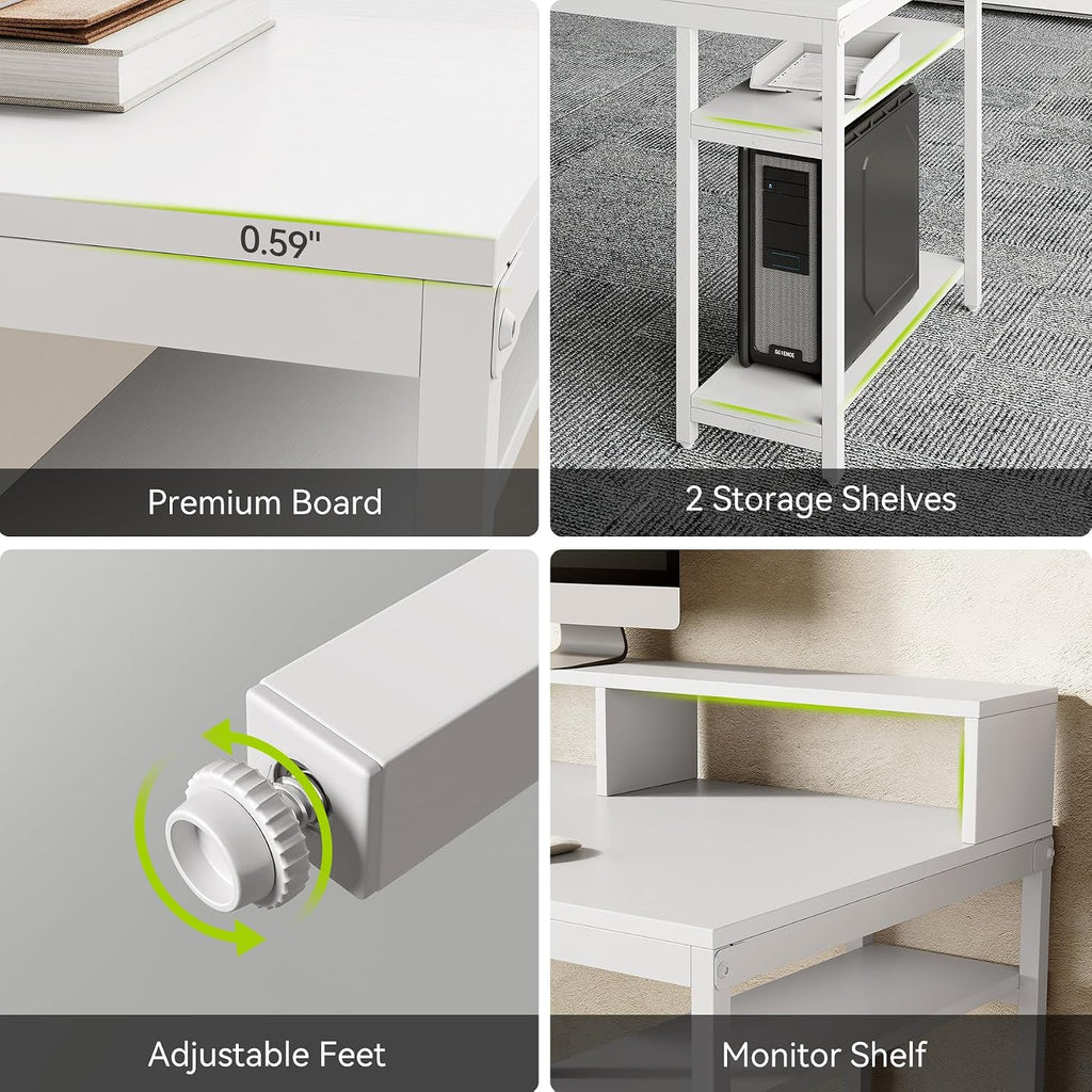 LITTLE TREE 78-Inch Double Desk with Storage Shelves, 2-Person Gaming Desk for Home Office, Long Desk with Monitor Stand (White)