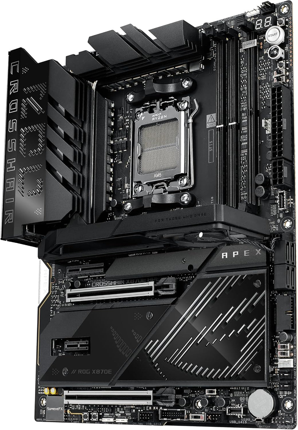 ASUS ROG Crosshair X870E APEX AMD X870E AM5 ATX Motherboard, Advanced AI PC-Ready, 18+2+2 Stages, DDR5, ROG Memory Fan, ROG DIMM.2 Card, Wi-Fi 7, 5G LAN, 3X M.2, PCIe® 5.0, USB4®, USB Type-C®, AI OC