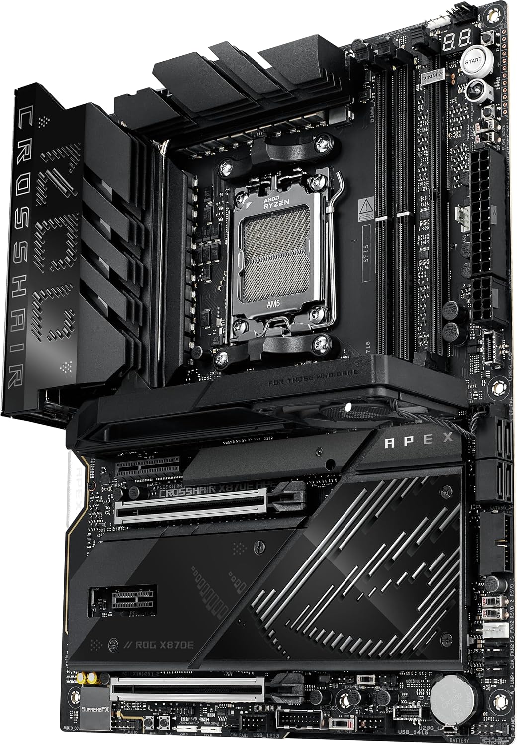 ASUS ROG Crosshair X870E APEX AMD X870E AM5 ATX Motherboard, Advanced AI PC-Ready, 18+2+2 Stages, DDR5, ROG Memory Fan, ROG DIMM.2 Card, Wi-Fi 7, 5G LAN, 3X M.2, PCIe® 5.0, USB4®, USB Type-C®, AI OC