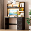 LVSOMT 40' Home Office Desk with Hutch and Drawers, Computer Desk with Power Outlets and LED Light, Study Writing Gaming Table with Storage Shelves, Workstation for Bedroom, Black