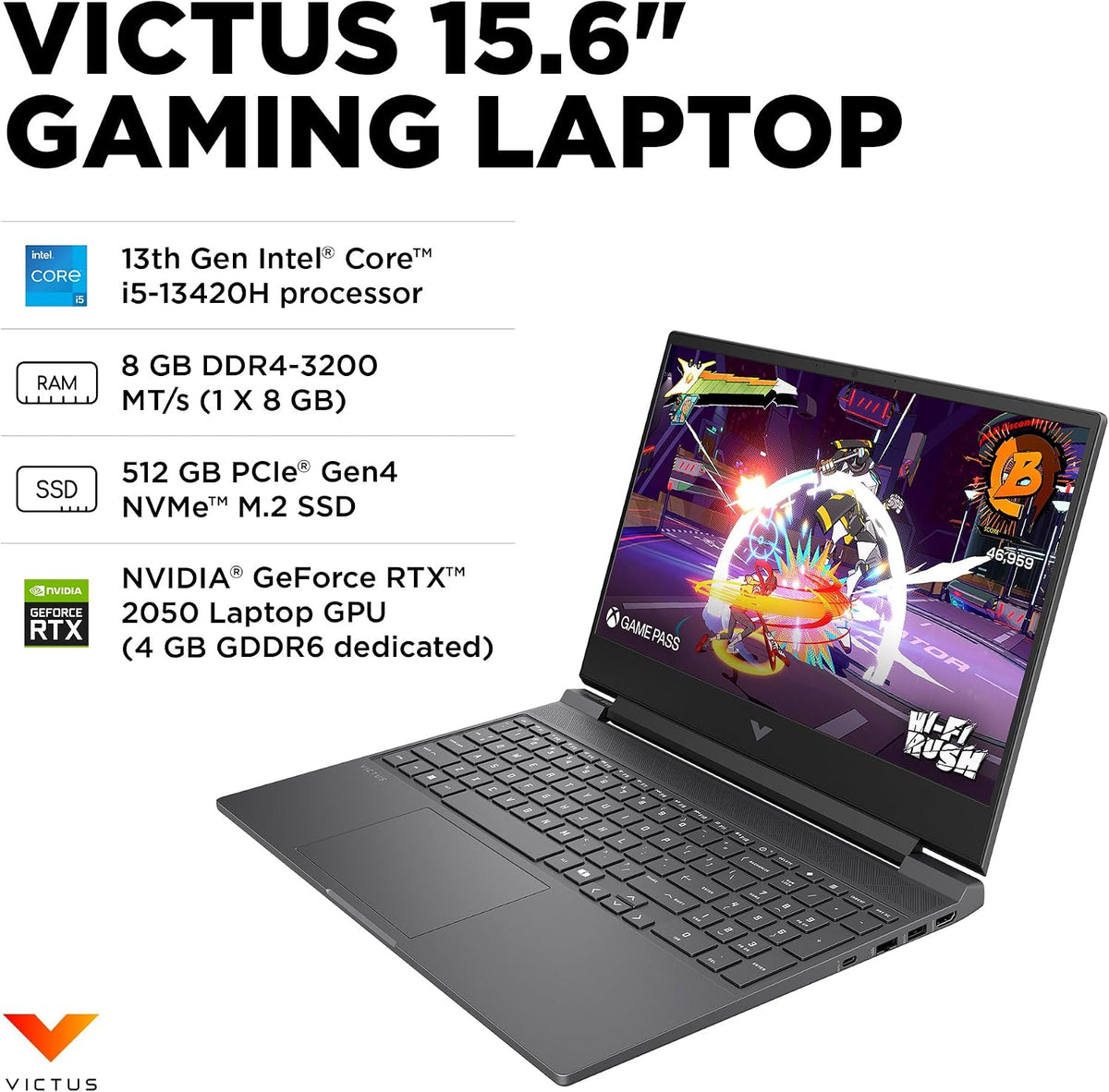 HP Victus 15.6 inch Gaming Laptop, 13th Generation Intel Core i5-13420H, 8 GB RAM, 512 GB SSD, NVIDIA GeForce RTX 2050 GPU (4 GB), Windows 11 Home, Mica Silver, 15-fa2500nr