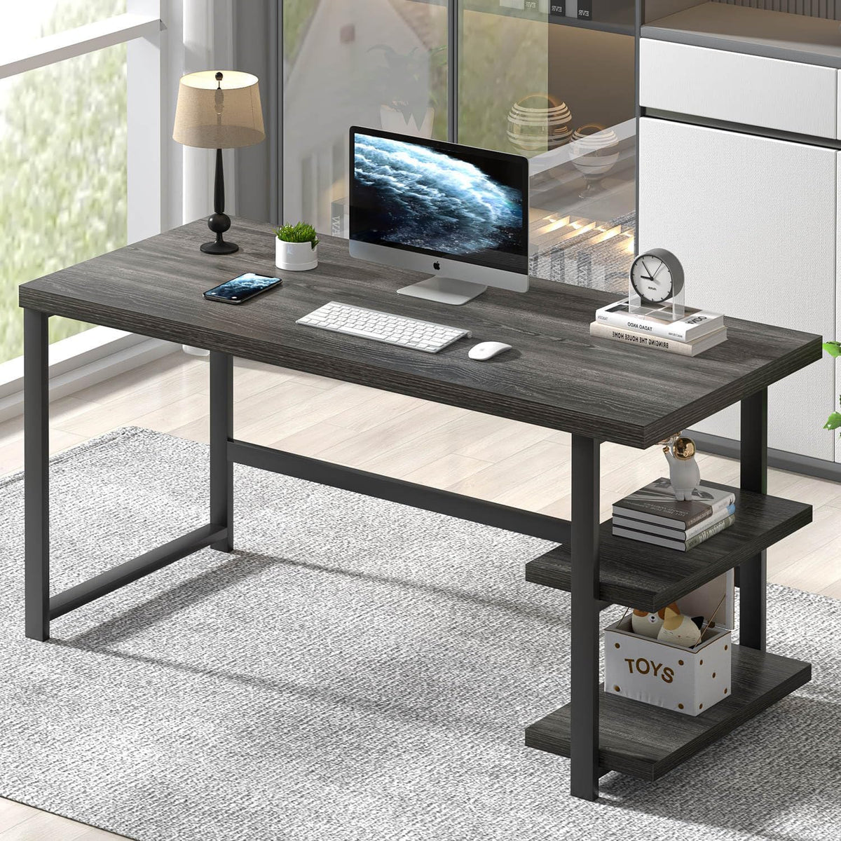 FOLUBAN Home Office Desk, Modern Computer Desk with Storage Shelf, Wood Study Writing Gaming Table for Bedroom Living Room, Industrial Dark Gray, 53 Inch