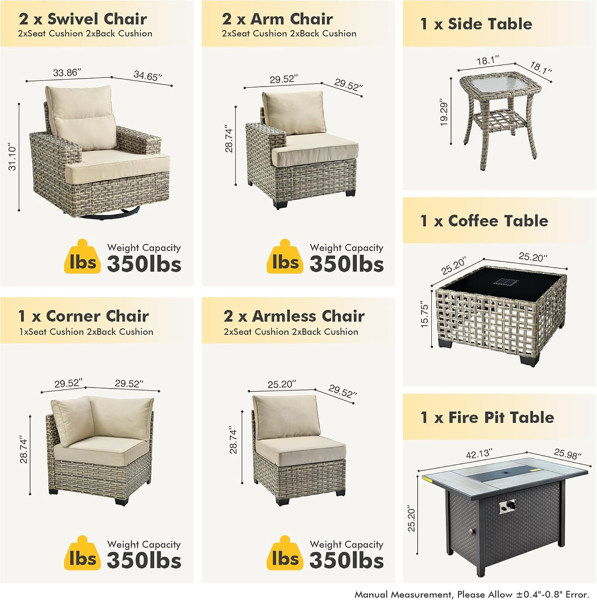 HOOOWOOO Outdoor Sectional Patio Furniture Set with Fire Pit Table,10 Pieces Wicker Conversation Sets L Shaped Couch,Extra Deep Out Door Sofa Outside Furniture with Swivel Rocking Chairs,Beige
