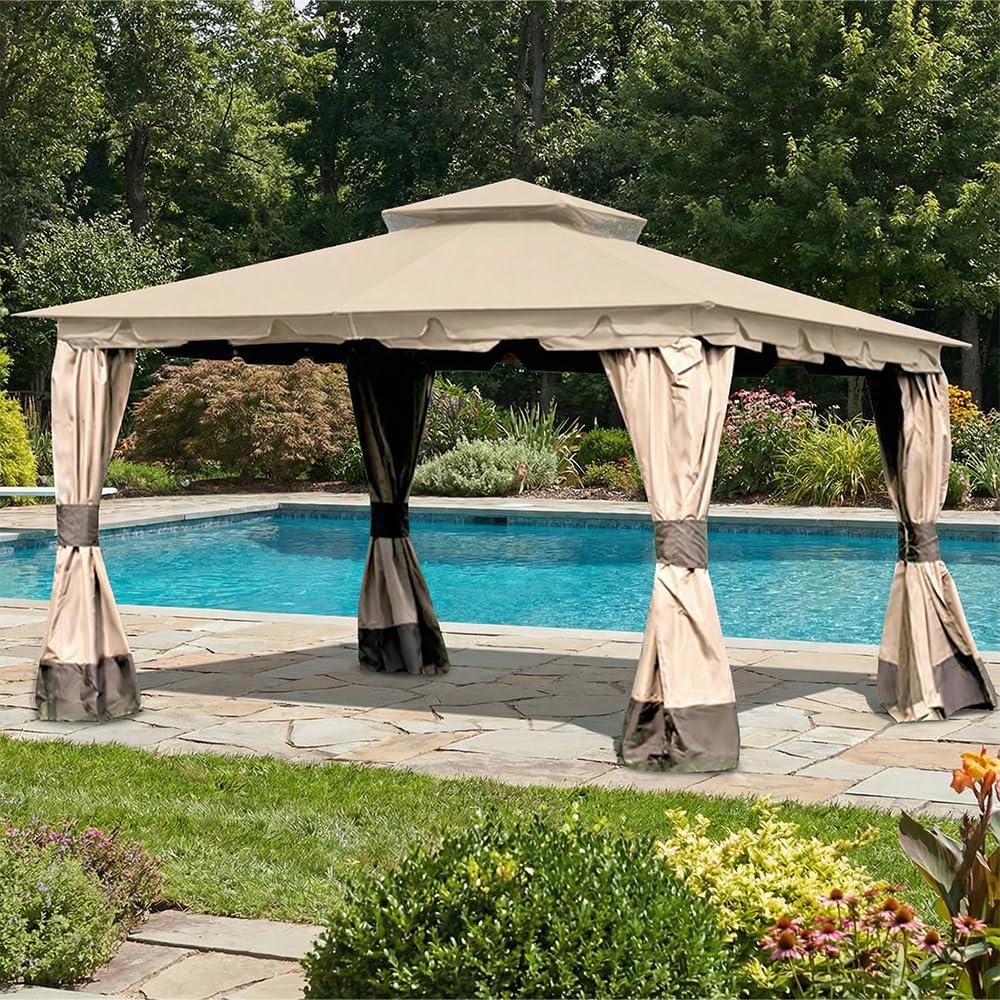 Garden Winds Reinforced RipLock 350 Replacement Canopy Top Cover Compatible with Monterey 10' x 12' Gazebo Model L-GZ215PST-4 - Beige