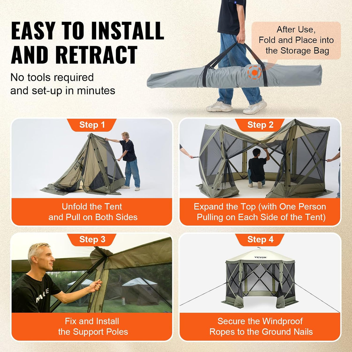 VEVOR 10x10FT Pop Up Gazebo Tent with Mosquito Netting, 6 Removable Wind Panels & Mesh Windows, 6-Sided Screen Canopy for Patio, Army Green