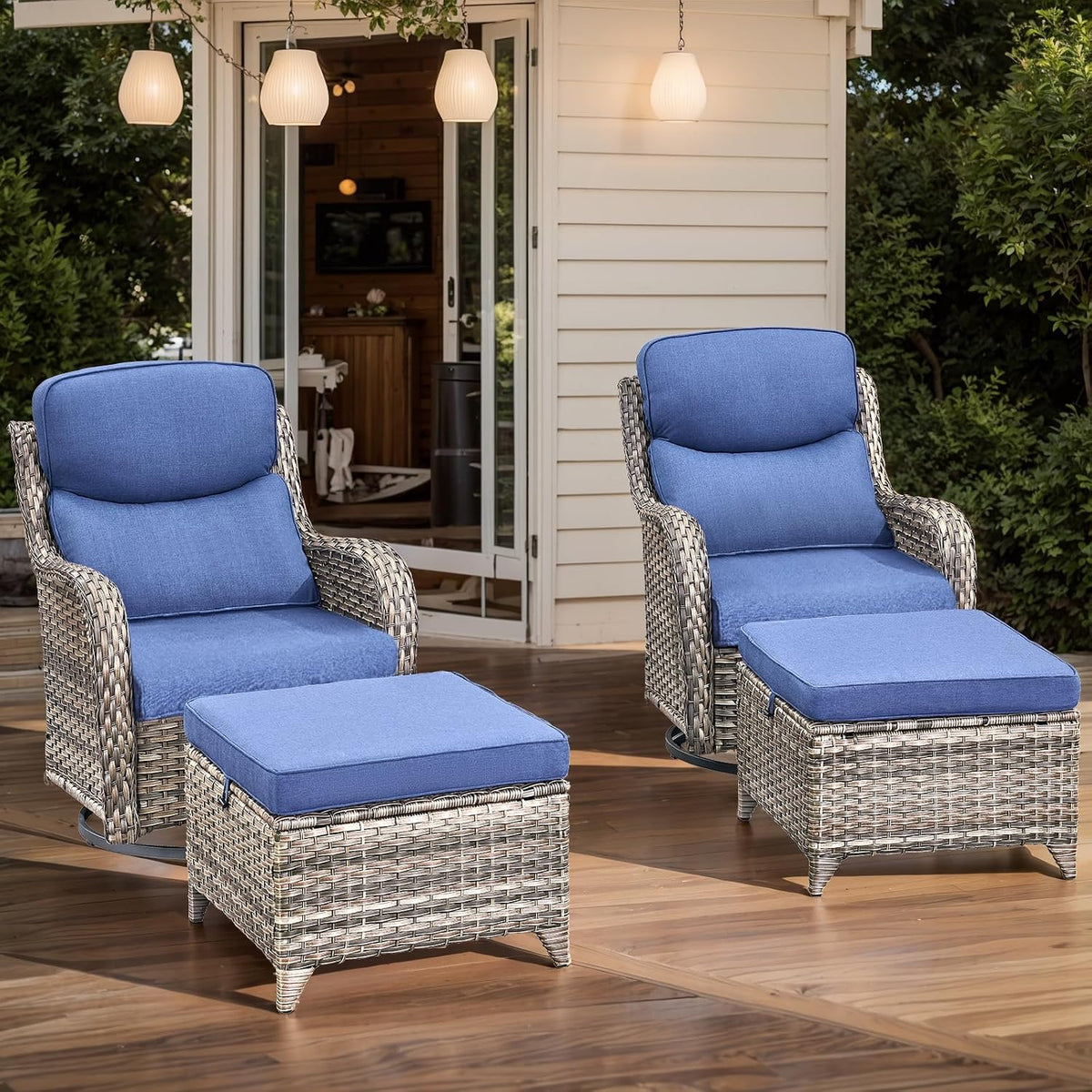 HUMMUH Wicker Patio Furniture High Back Swivel Rocker Patio Chairs Outdoor Bistro Set with Ottomans Side Table for Porch Garden Deck