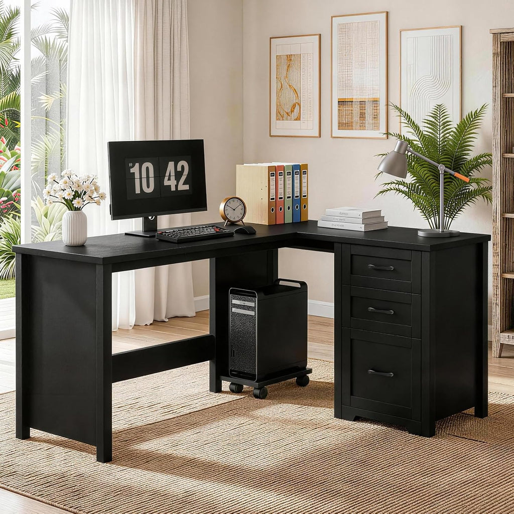 Vabches 61'Farmhouse L Shaped Executive Desk with File Drawers, Corner Computer Desk with Mobile CPU Stand, Wood Writing Computer Desk for Work, Study.Pure Black