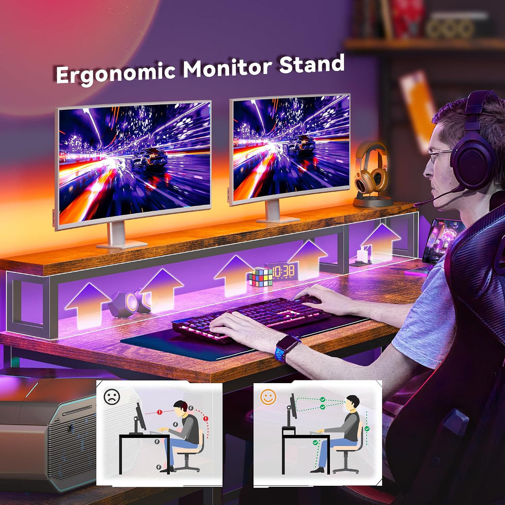 EnHomee 56' Medium L Shaped Gaming Desk with LED & Power Outlets,Computer Desk with Monitor Stand & Print Stand for Home Office,Reversible Corner Gaming Table with Storage Shelf & Hooks,Rustic Brown