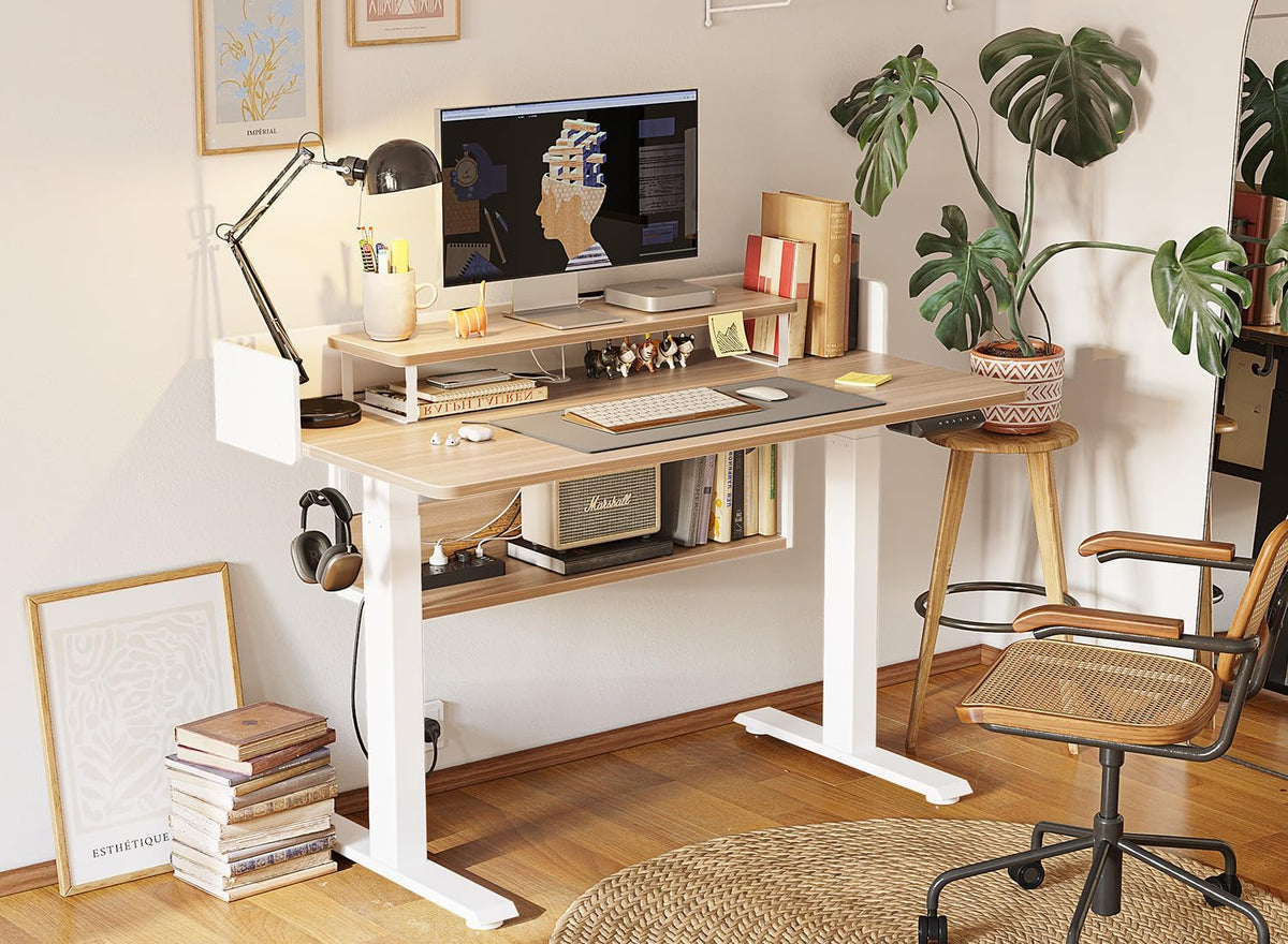FEZIBO 55' Electric Standing Desk with Shelves, 55x24 Inches Sit Stand Rising Computer Desk with Monitor Shelf, Home Office Desks with Hook, Adjustable Height Stand Up Workstation Table, Light Walnut