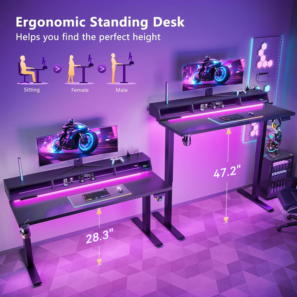 OffiGo Gaming Standing Desk with LED Light, 55 Inch Electric Height Adjustable Table with Power Outlet & Monitor Stand, Sit Stand Computer Workstation for Home, Bedroom, Black