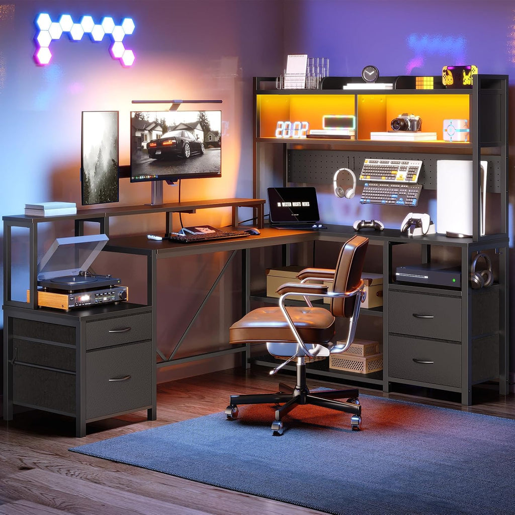RALGEND 75' L Shaped Gaming Desk with Hutch, L Shaped Desk with Drawers, LED Light, Power Outlets & Pegboard, Corner Desk with Storage Shelves & Monitor Stand for Home Office, Black