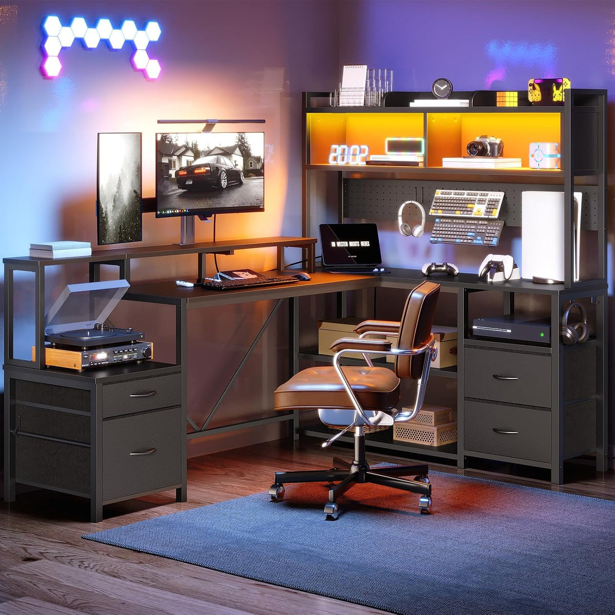 RALGEND 75' L Shaped Gaming Desk with Hutch, L Shaped Desk with Drawers, LED Light, Power Outlets & Pegboard, Corner Desk with Storage Shelves & Monitor Stand for Home Office, Black