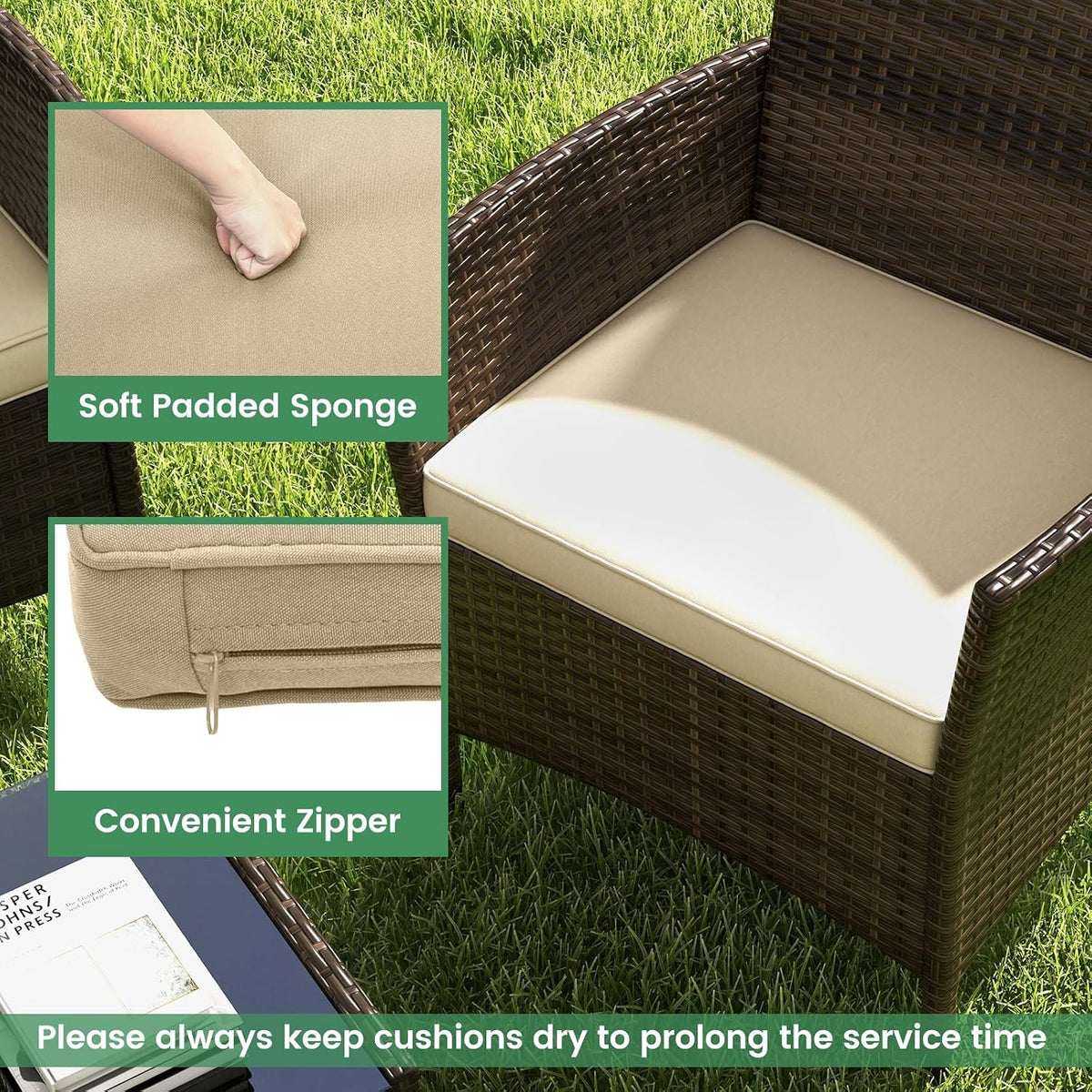 ORALNER 4 Pieces Patio Furniture Set, Rattan Chairs Loveseat with Soft Cushion and Glass Table, Outdoor Wicker Conversation Set for Balcony Garden Backyard Porch Poolside (Beige)