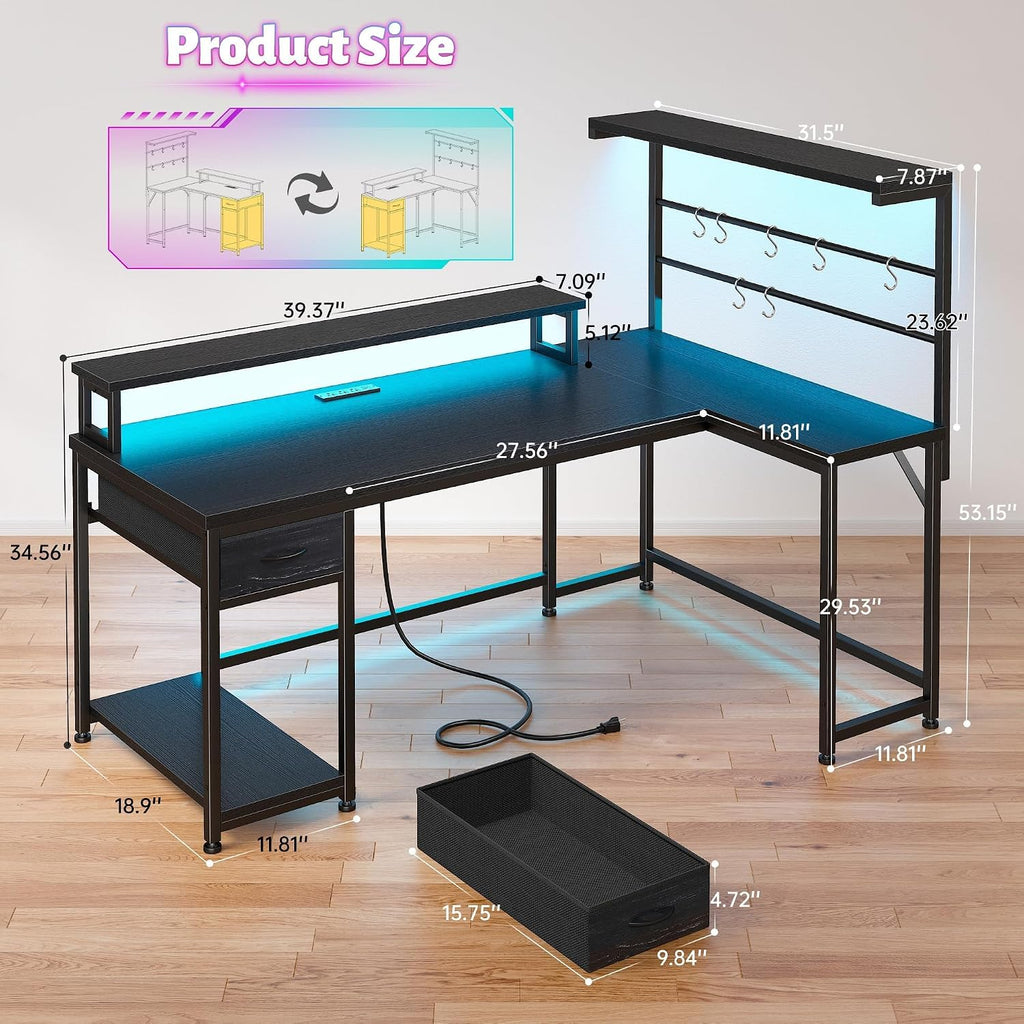 EnHomee 53 inch L Shaped Gaming Desk with LED Lights & Power Outlets, Reversible Corner Desk with Monitor Stand, Computer Desk with Shelf and Drawers for Home Office Writing, Study & Gaming, Black