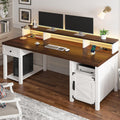 EnHomee Computer Desk with Drawers,23' D Home Office Desk with Storage,Wooden Desk with Monitor Stand,Farmhouse Desk with Printer Space and Power Outlets for Studio,Work, Study,Writing&Gaming,White