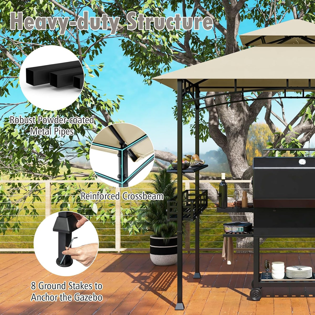 Tangkula 8x5 Ft Grill Gazebo, 2-Tier Barbecue Gazebo with 2 Shelves, 20 Hanging Hooks, Bottle Opener & Storage Basket, Outdoor Grill Canopy for Backyard Garden Poolside (Beige)