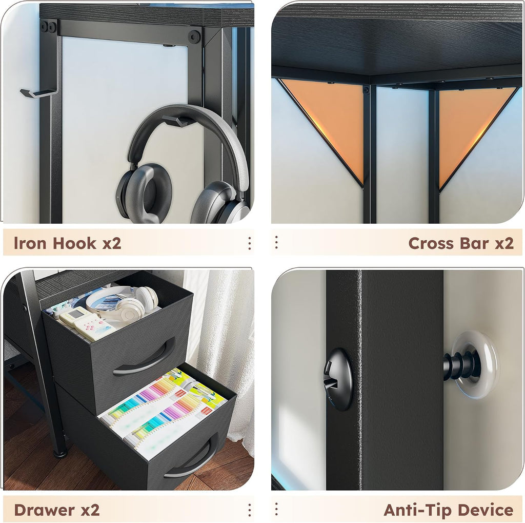 DurayLoly Corner Desk, 35.4' W x 63' H Small Gaming Desk and Black Office Desk with Hutch & LED Lights, Computer Desk with Drawers for Storage & Shelves and Hook for Small Space, Black