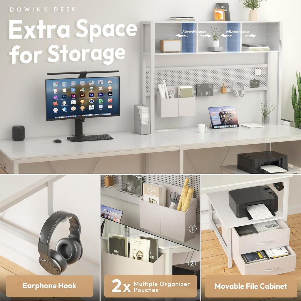 Dowinx 67' L-Shaped Gaming Desk with Pegboard & Drawers, Reversible Computer Desk with RGB Lights & Power Outlets, Corner Workstation with Storage & Hutch for Home Office & Gaming White