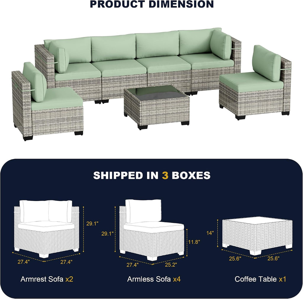 7-Piece Outdoor Patio Furniture Set, PE Wicker Rattan Sectional Sofa Conversation Set with Tempered Glass Table & Thick Cushions - All-Weather Garden, Backyard Furniture, Light Green