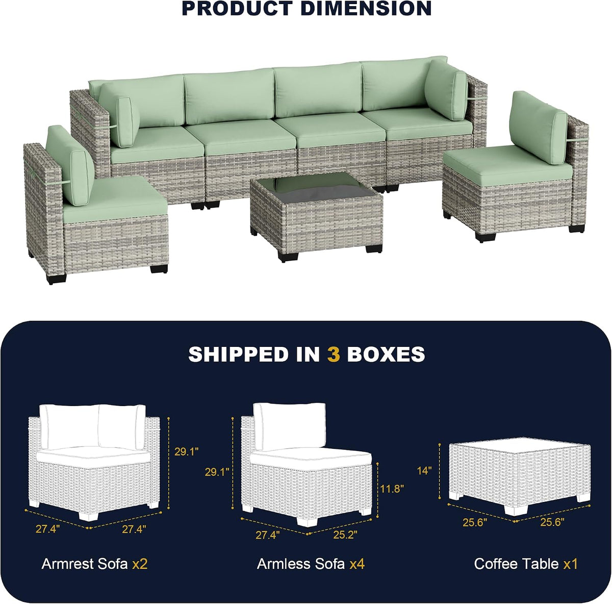 7-Piece Outdoor Patio Furniture Set, PE Wicker Rattan Sectional Sofa Conversation Set with Tempered Glass Table & Thick Cushions - All-Weather Garden, Backyard Furniture, Light Green