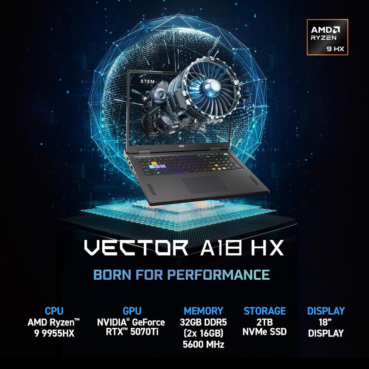 MSI Vector A18 HX 18' 240Hz QHD+ Gaming Laptop: AMD Ryzen 9-9955HX, NVIDIA Geforce RTX 5070Ti, 32GB DDR5, 2TB NVMe SSD, Type C, Wi-Fi 7, Win 11 Pro: Cosmo Gray A9WHG-074US