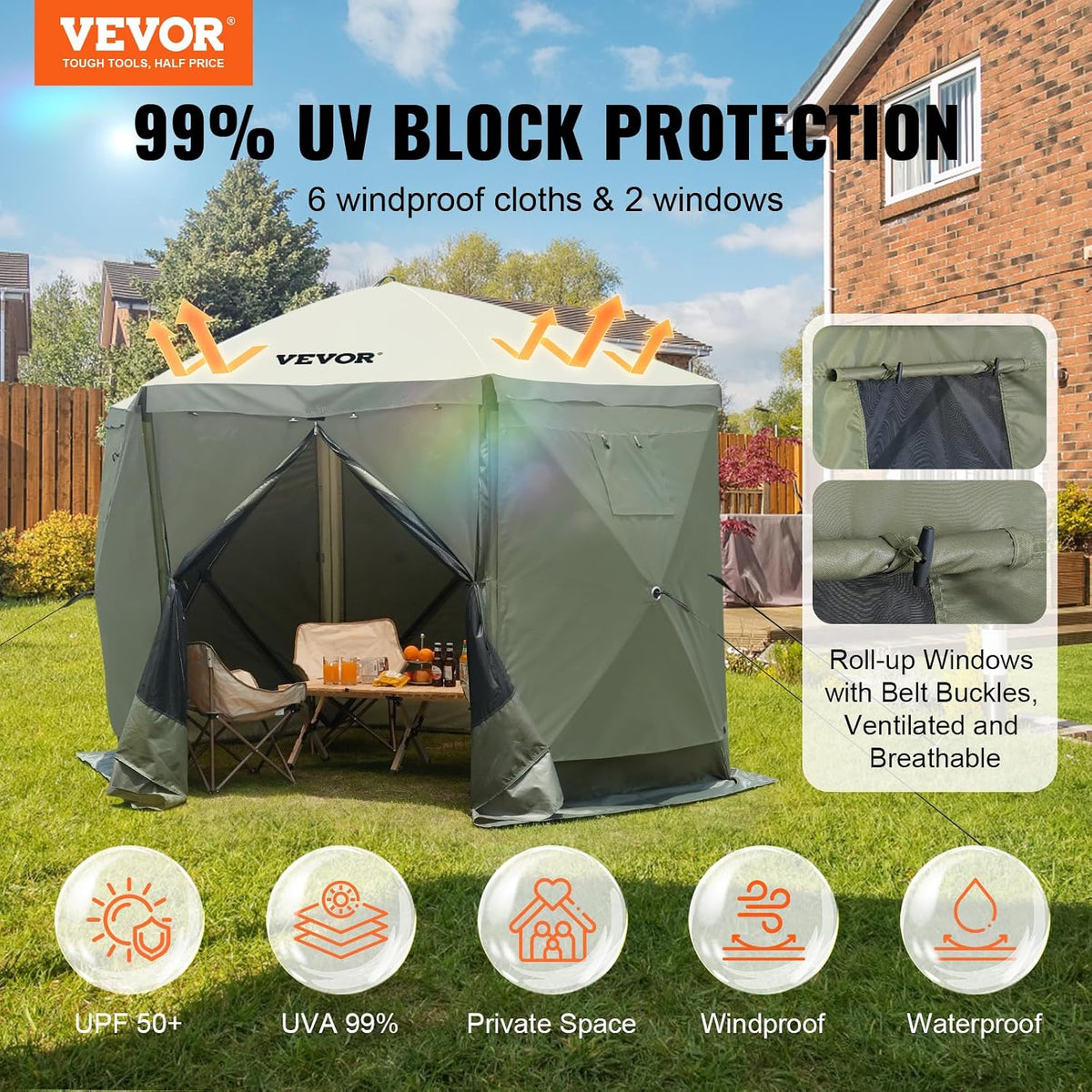 VEVOR 10x10FT Pop Up Gazebo Tent with Mosquito Netting, 6 Removable Wind Panels & Mesh Windows, 6-Sided Screen Canopy for Patio, Army Green