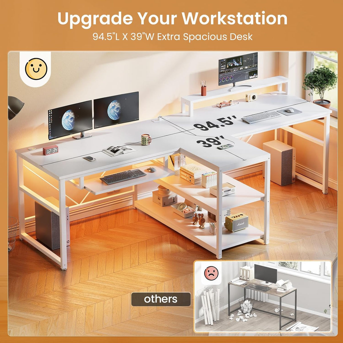 SEDETA 94.5' White Computer Desk, Two Person Gaming Desk with LED Light, Keyboard Tray, Power Strip with USB, Monitor Shelf & Storage, Extra Long Double Desk for Home Office, White
