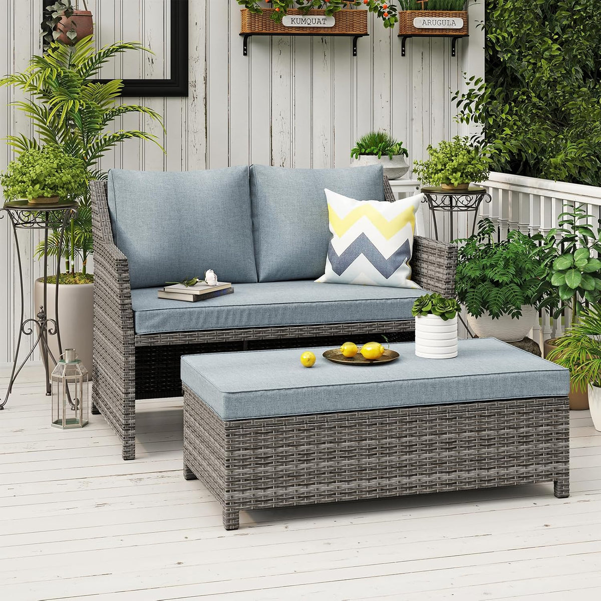 OC Orange-Casual 2-Piece Outdoor Patio Furniture Wicker Love-seat and Coffee Table Set, with Built-in Storage Bin, Grey Rattan, Grey Cushions