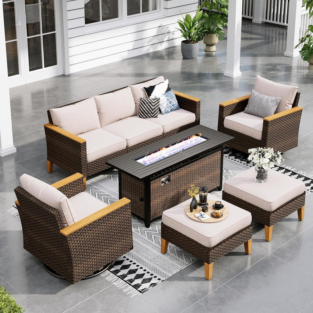 Sophia & William Patio Furniture Set with 56' Fire Pit Table & Swivel Chairs, 8 Piece Outdoor Sectional Furniture Wicker Modular Sofa Couch, Conversation Set for Deck Backyard Lawn, Beige