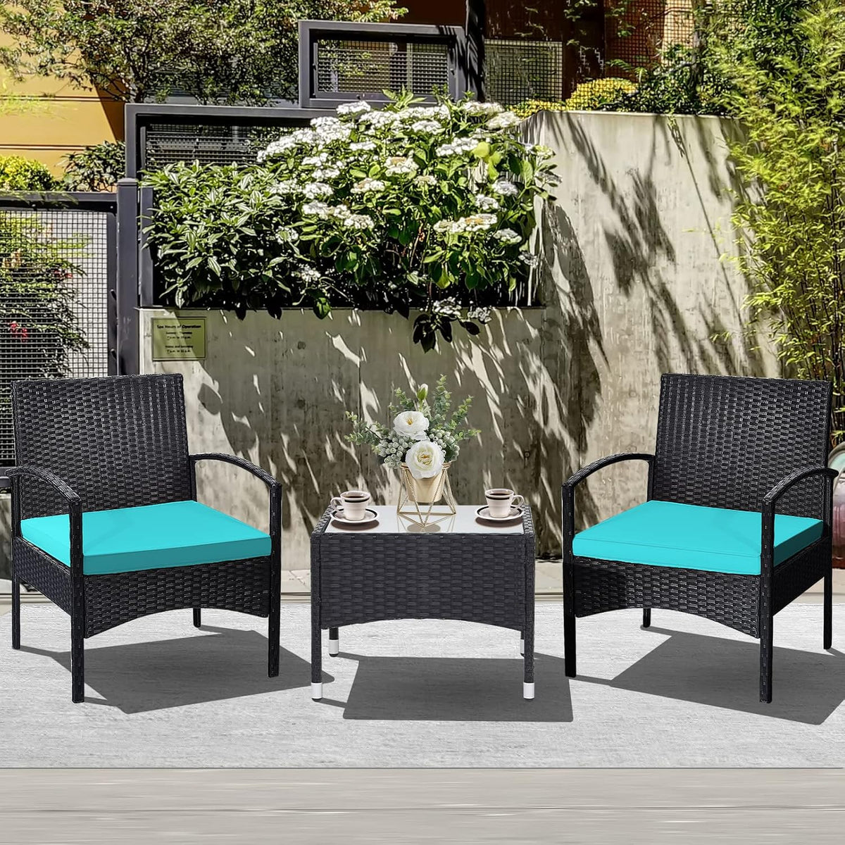 RELAX4LIFE 3-Piece Patio Furniture Set - Rattan Conversation Set, Wicker Bistro Set w/2 Chairs, Glass Coffee Table, Steel Frame, Outdoor Chairs Set for Yard Balcony, Front Porch Furniture (Turquoise)