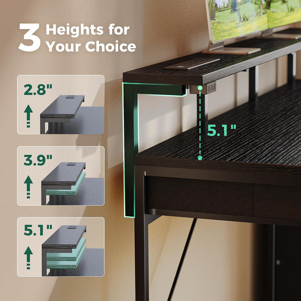 Huuger Gaming Desk with 6 Drawers, Computer Desk with LED Lights Power Outlets and Type-C, 39 Inch Office Desk with Storage, Monitor Stand, Writing Desk Work Desk Home Office, Bedroom, Study, Black