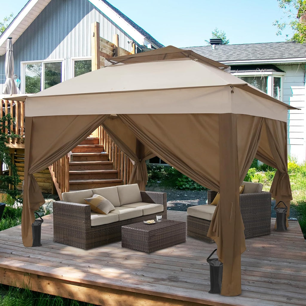 COOS BAY 11x11 Pop Up Gazebo with 4 Sidewalls, Instant Outdoor Canopy Tent with UPF 50+ UV Protection, Water Resistant Shelter with Carry Bag, Stakes & Ropes, Beige