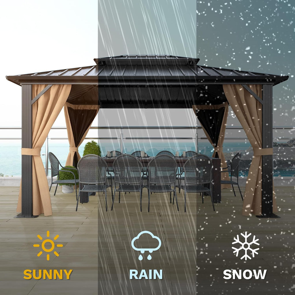 DWVO 10x12ft Hardtop Gazebo Double Roof Gazebo with Nettings and Curtains, Heavy Duty Galvanized Steel Outdoor Vertical Stripes Roof for Patio, Backyard, Deck, Lawns, Brown