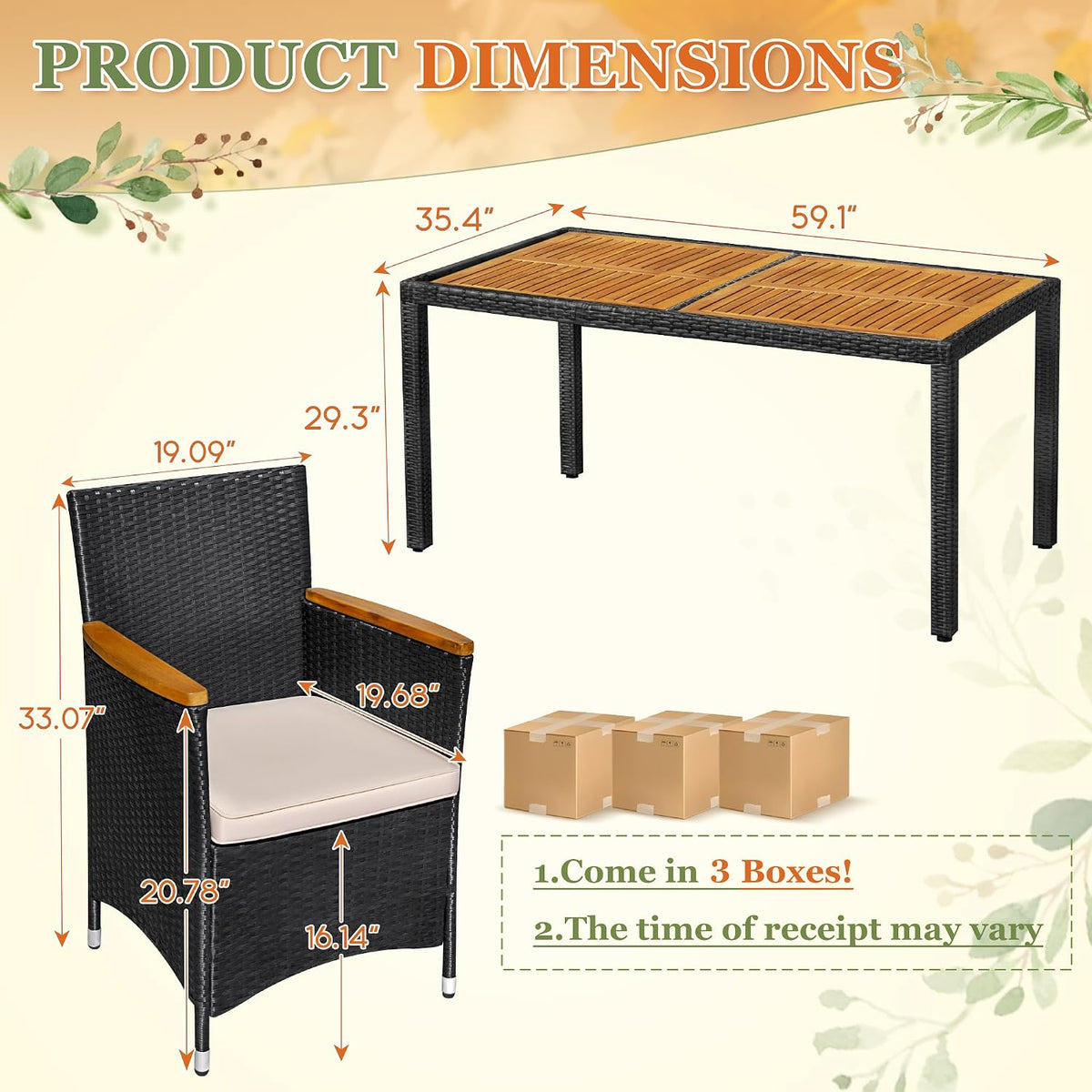 Greesum 7 Pieces Outdoor Patio Dining Set, Conversation Sets with 1 Table and 6 Rattan Chairs with Curved Acacia Wooden Armrests and Cushions, Black