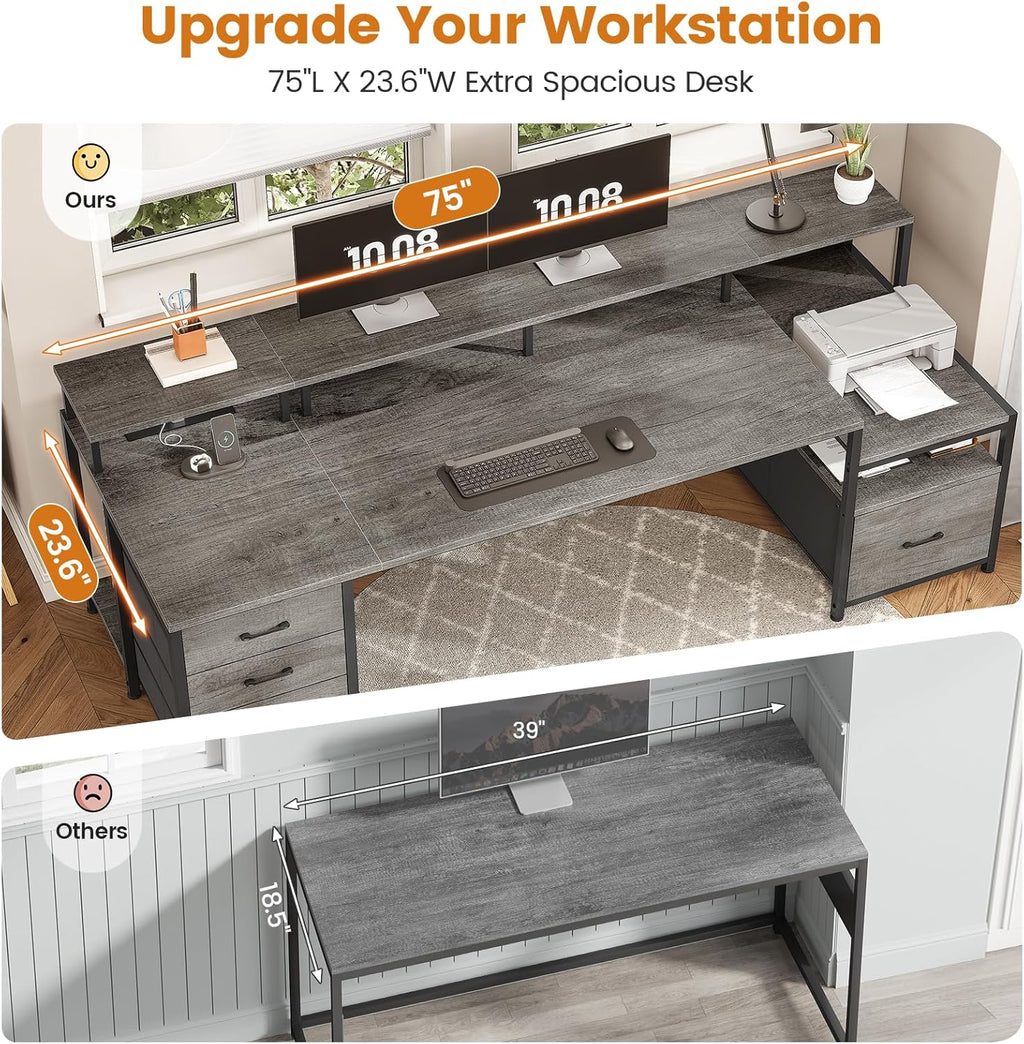 SEDETA 75'' Computer Desk with 5 Drawer, Power Outlet & Led Lights, Home Office Desk with File Drawer, Storage Shelves, Printer Cabinet and Monitor Shelf, 23.6' W Large Desktop Gaming Desk, Grey