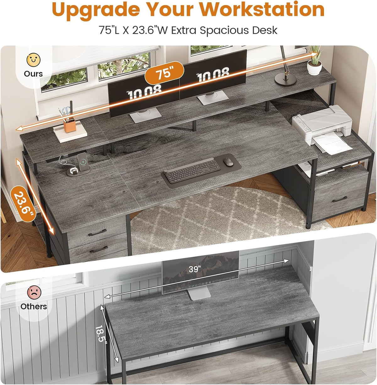 SEDETA 75'' Computer Desk with 5 Drawer, Power Outlet & Led Lights, Home Office Desk with File Drawer, Storage Shelves, Printer Cabinet and Monitor Shelf, 23.6' W Large Desktop Gaming Desk, Grey