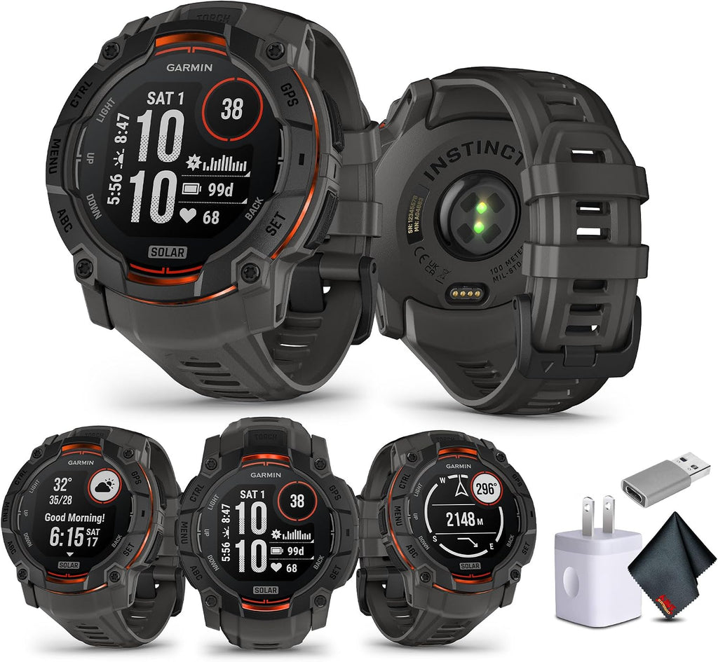 Garmin Instinct 3 50mm, Solar Charged Display, Rugged Outdoor GPS Smartwatch, Unlimited Battery Life, Built-in Flashlight, Charcoal (010-02935-00) Tactical Smart Watch Bundle for Men and Women